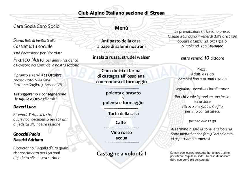 Castagnata 2026 con consegna delle Aquile d'Oro Castagnata 2026 con consegna delle Aquile d'Oro